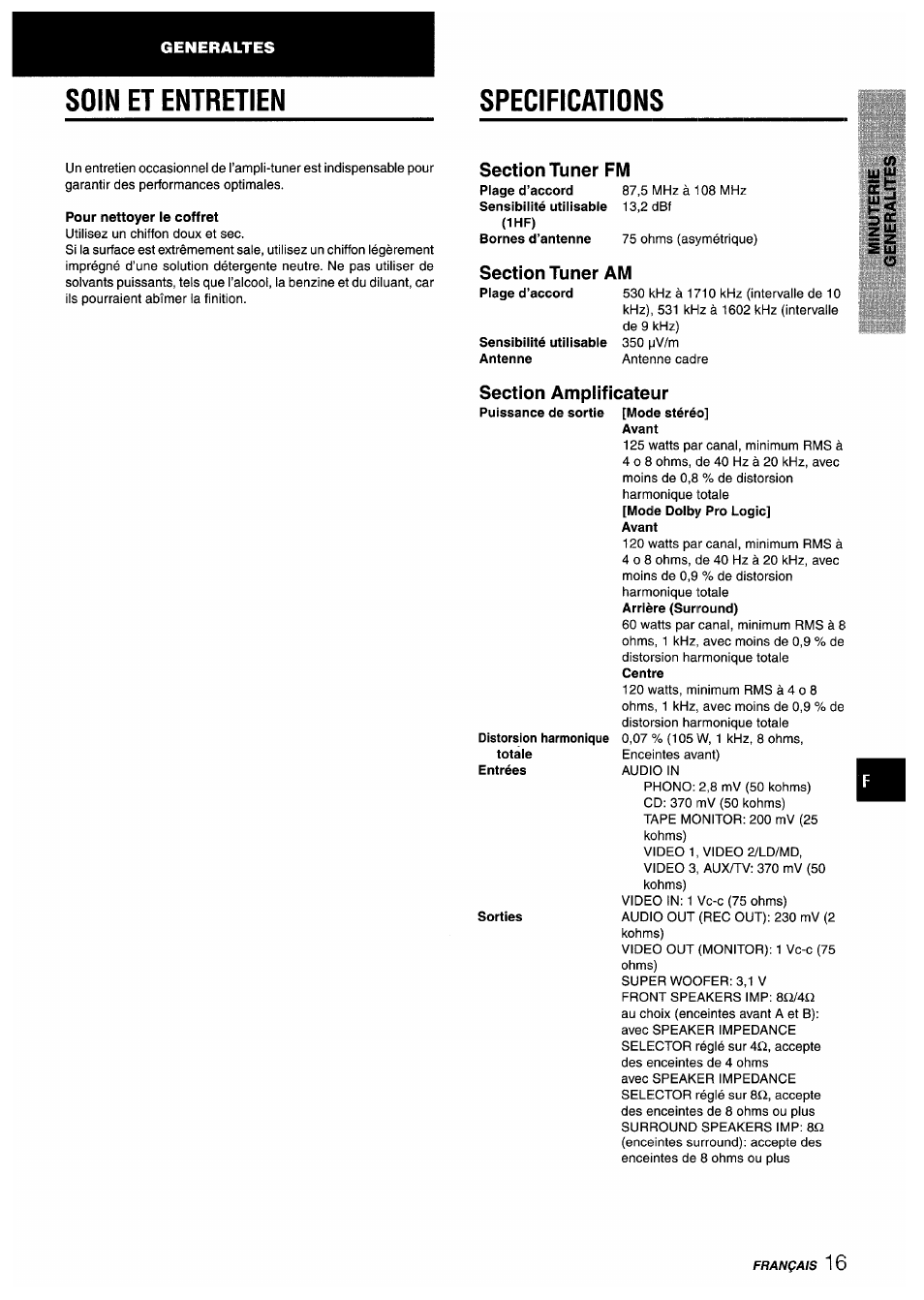 Soin et entretien, Pour nettoyer le coffret, Sensibilité utilisable antenne | Section amplificateur, Sorties, Avant, Specifications | Aiwa AV-X220 User Manual | Page 53 / 60