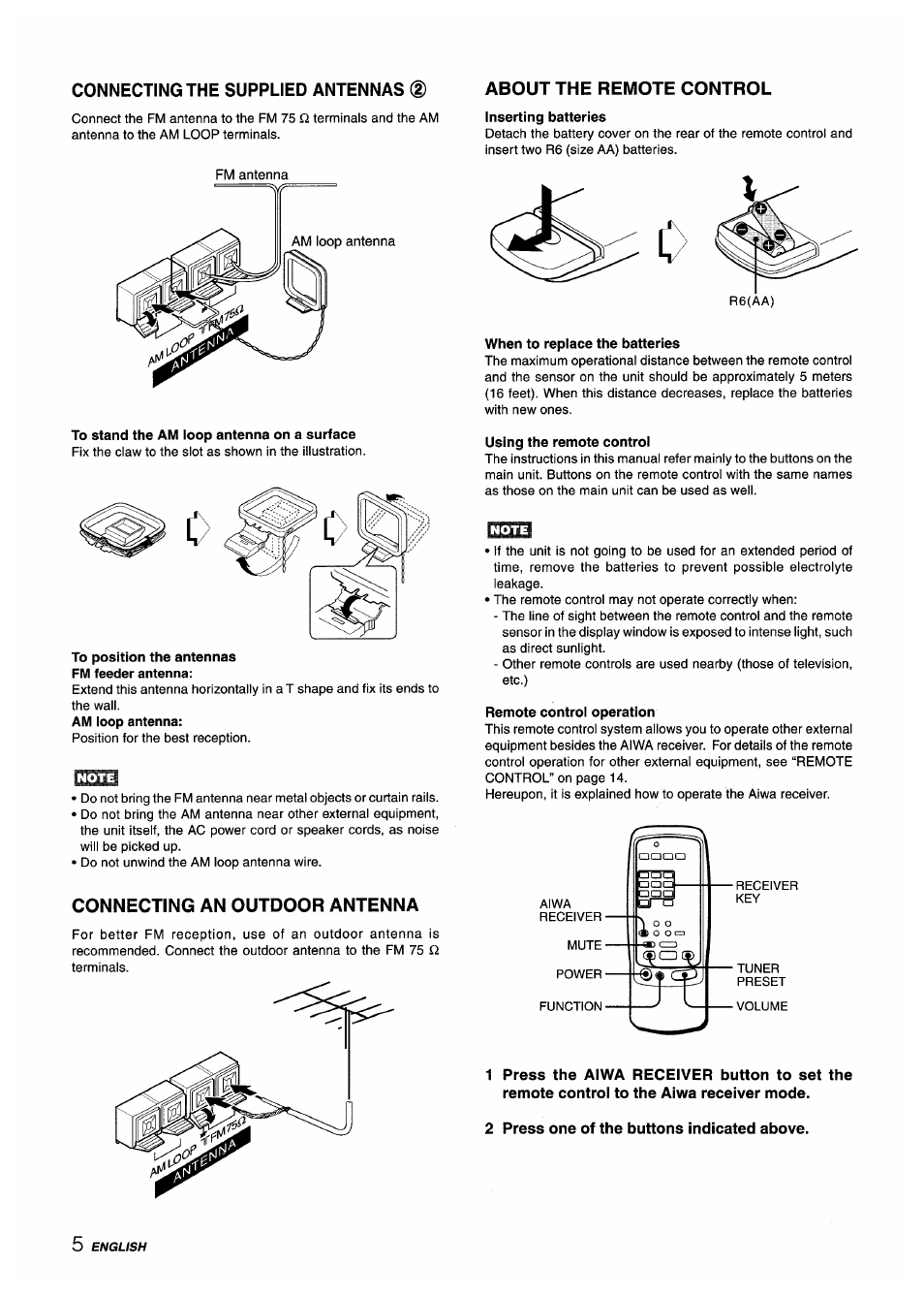 Connecting the supplied antennas (d, To stand the am loop antenna on a surface, To position the antennas fm feeder antenna | Connecting an outdoor antenna, Inserting batteries, When to replace the batteries, Using the remote control, Remote control operation, 2 press one of the buttons indicated above | Aiwa AV-X220 User Manual | Page 6 / 60
