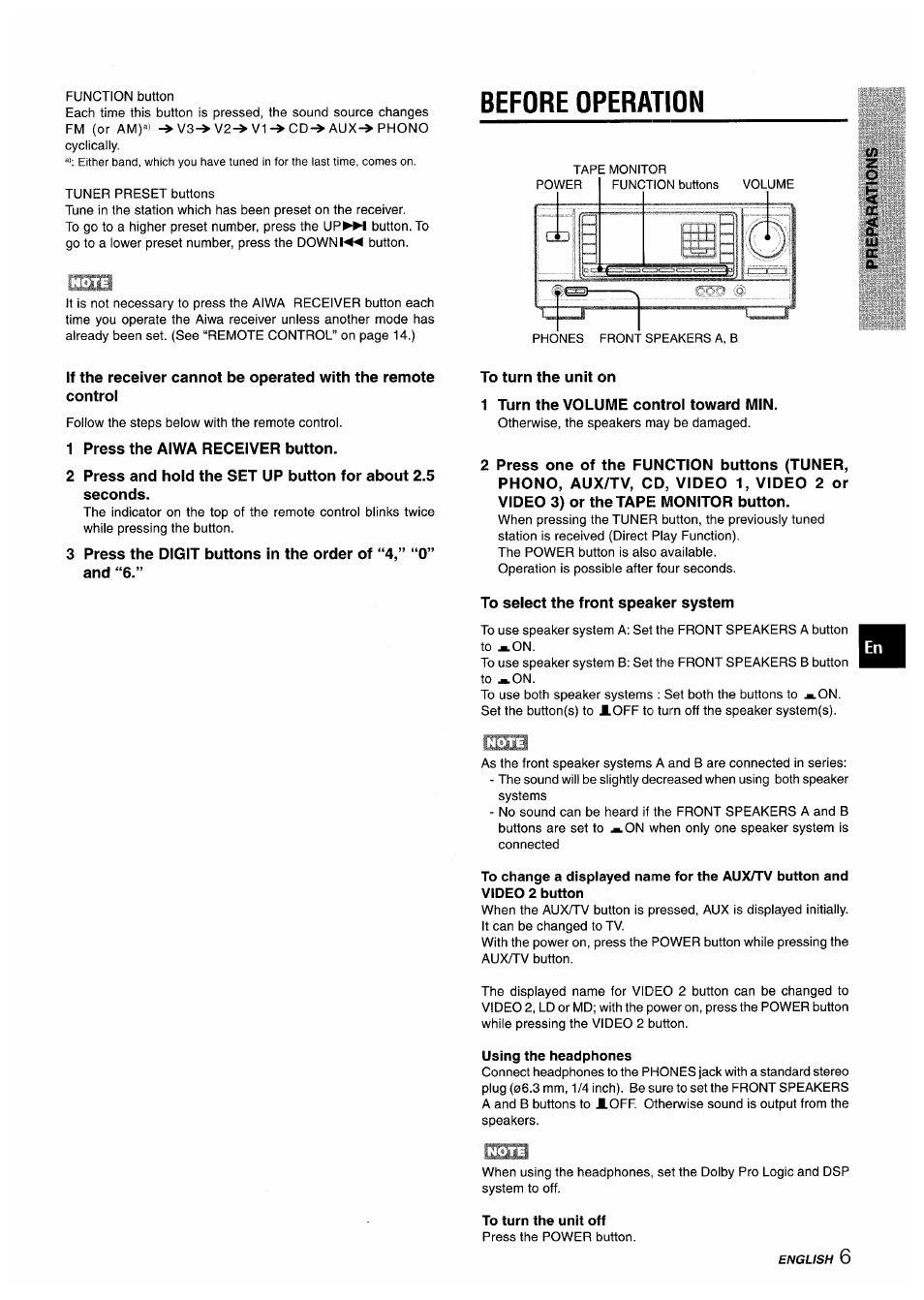Before operation, Using the headphones, To turn the unit off | Aiwa AV-X220 User Manual | Page 7 / 60