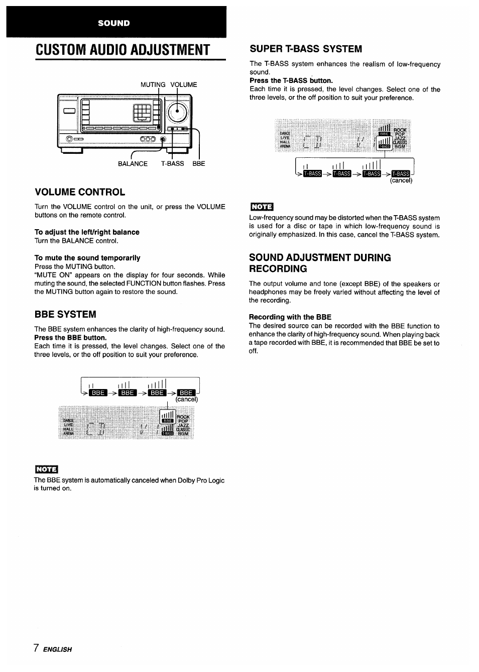 Custom audio adjustment, Volume control, To adjust the left/right balance | Super t-bass system, To mute the sound temporarily, Bbe system, Sound adjustment during recording, Recording with the bbe | Aiwa AV-X220 User Manual | Page 8 / 60