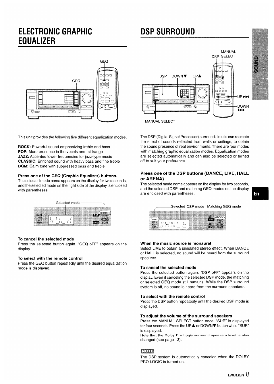 Electronic graphic equalizer, Press one of the geq (graphic equalizer) buttons, When the music source is monaural | To cancel the selected mode, To select with the remote control, To adjust the volume of the surround speakers, Electronic graphic equalizer dsp surround | Aiwa AV-X220 User Manual | Page 9 / 60