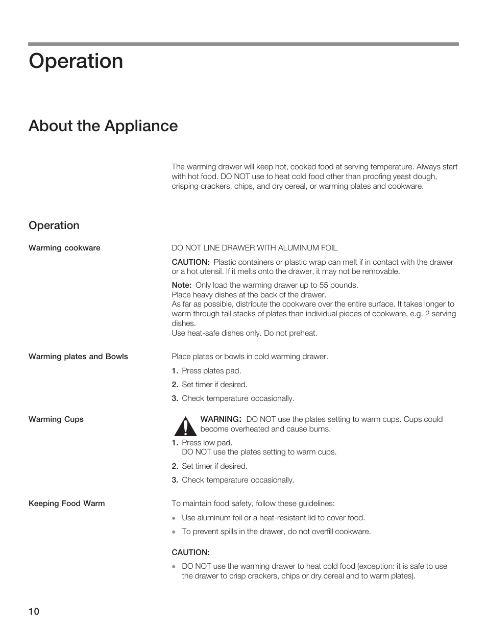 Operation, About the appliance | Siemens 30inc Warming Drawer User Manual | Page 10 / 48