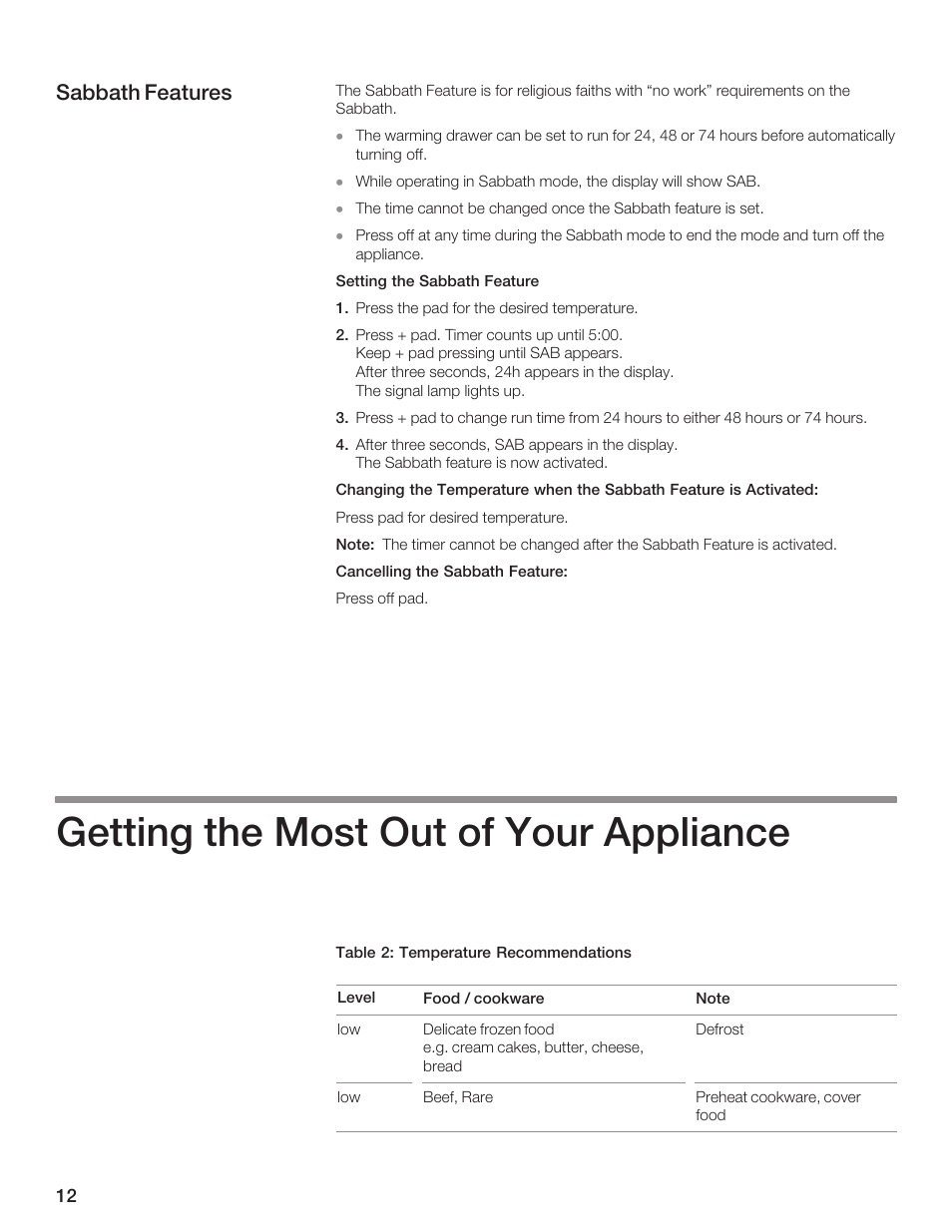 Getting the most out of your appliance, Sabbath features | Siemens 30inc Warming Drawer User Manual | Page 12 / 48