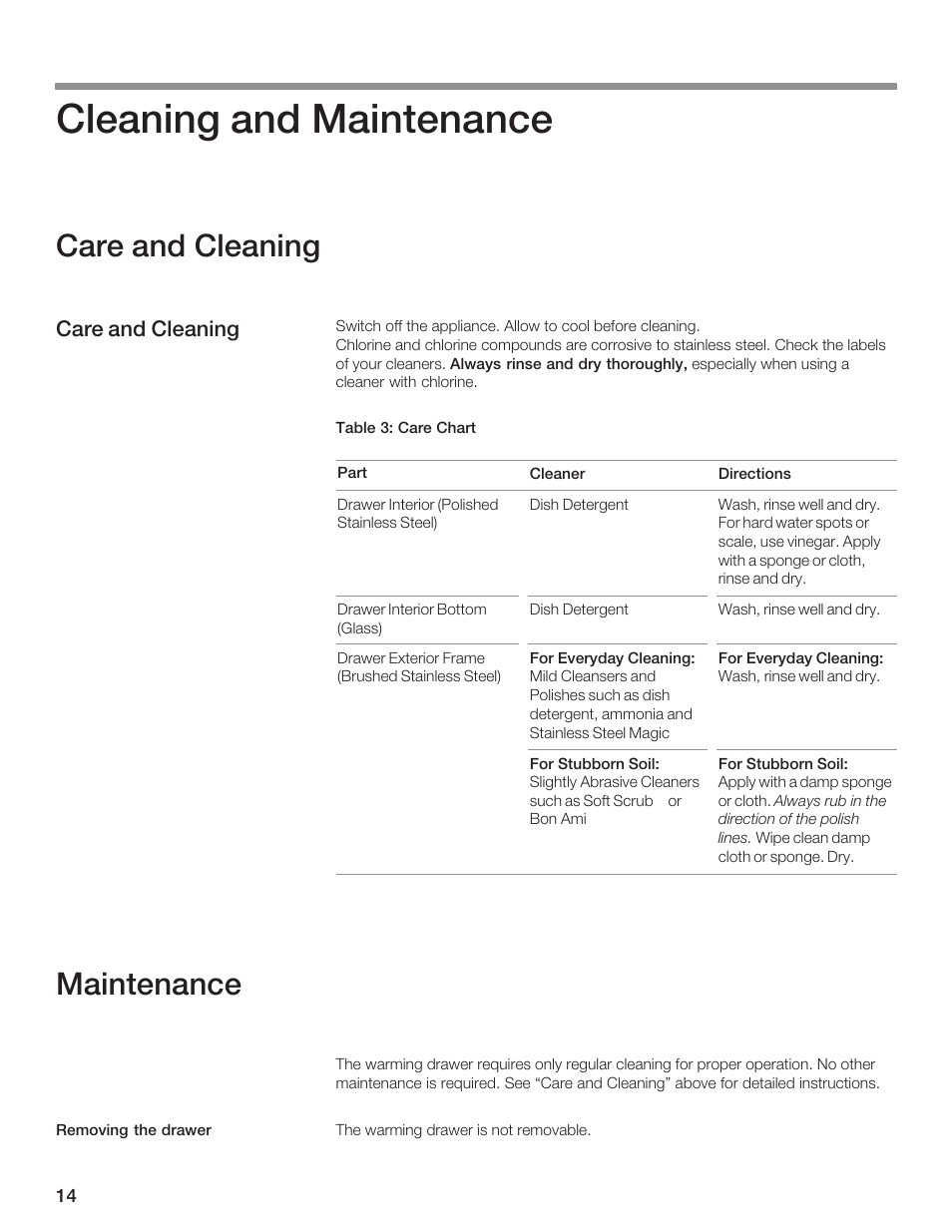 Cleaning and maintenance, Care and cleaning, Maintenance | Siemens 30inc Warming Drawer User Manual | Page 14 / 48