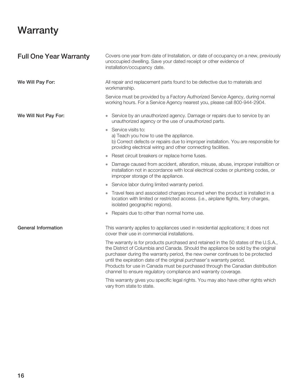 Warranty, Full one year warranty | Siemens 30inc Warming Drawer User Manual | Page 16 / 48