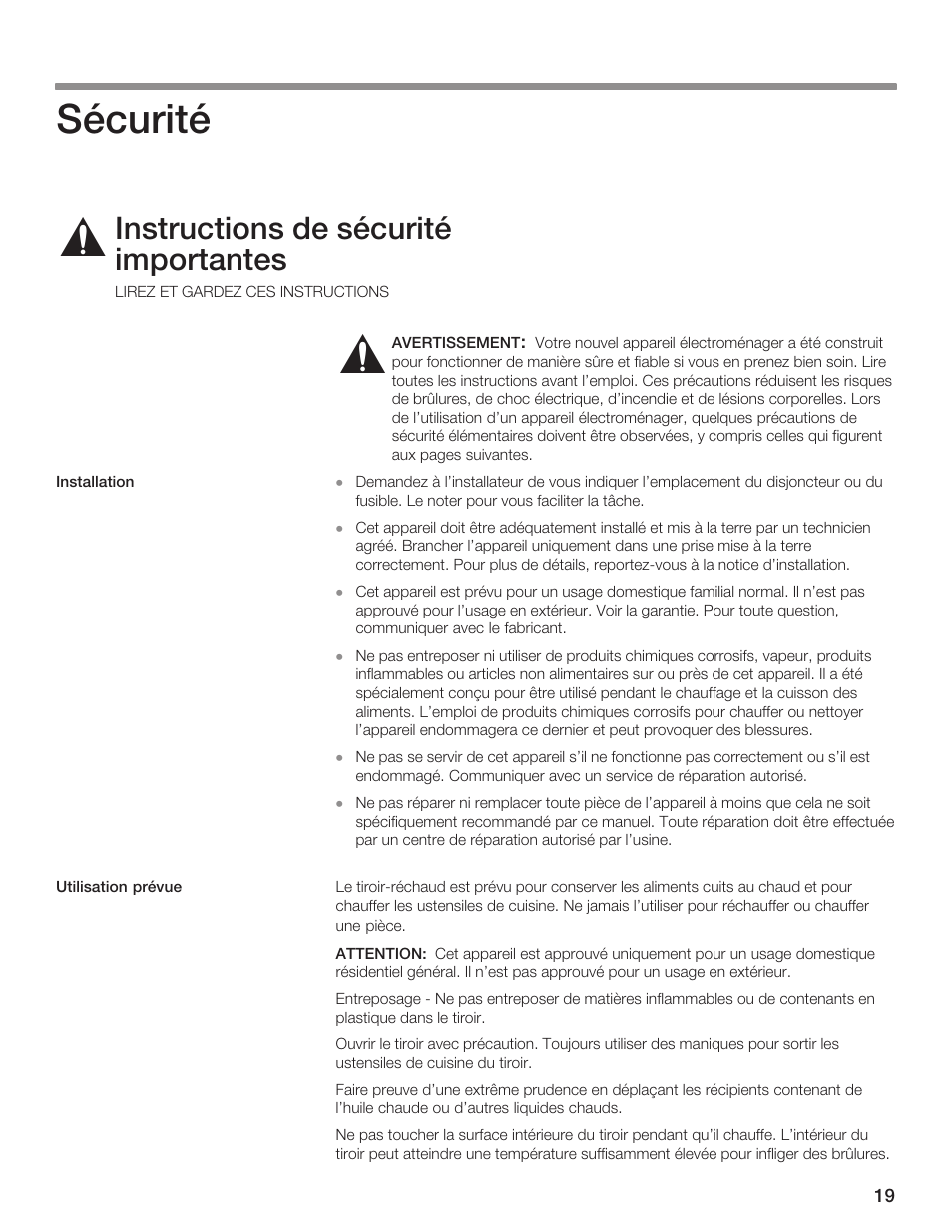 Sécurité, Instructions de sécurité importantes | Siemens 30inc Warming Drawer User Manual | Page 19 / 48