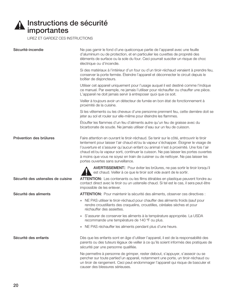 Instructions de sécurité importantes | Siemens 30inc Warming Drawer User Manual | Page 20 / 48
