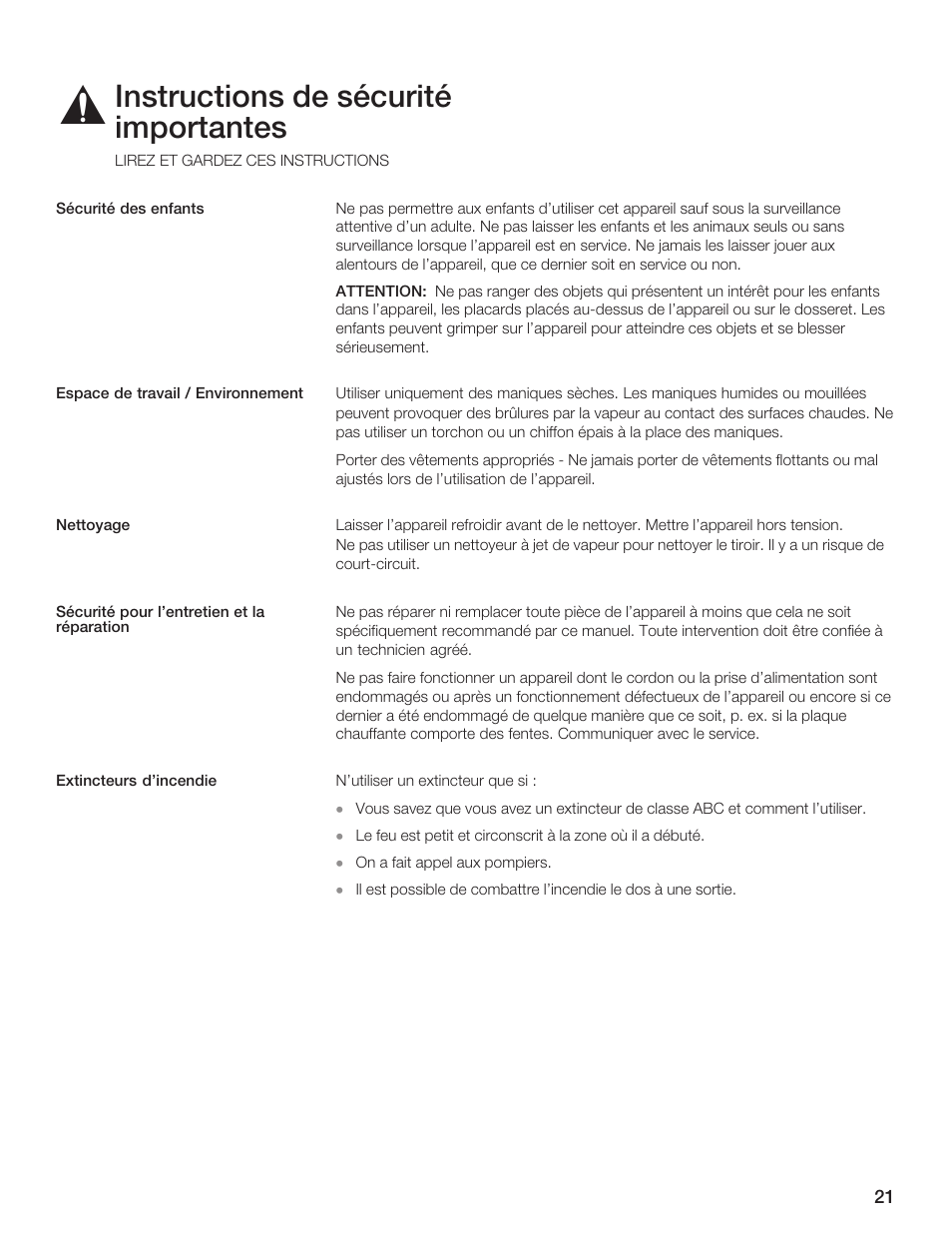 Instructions de sécurité importantes | Siemens 30inc Warming Drawer User Manual | Page 21 / 48