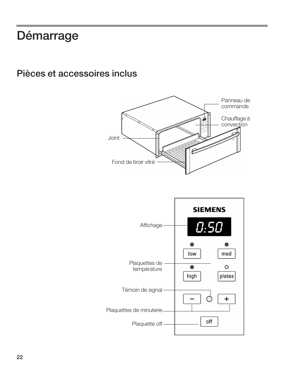 Démarrage, Pièces et accessoires inclus | Siemens 30inc Warming Drawer User Manual | Page 22 / 48