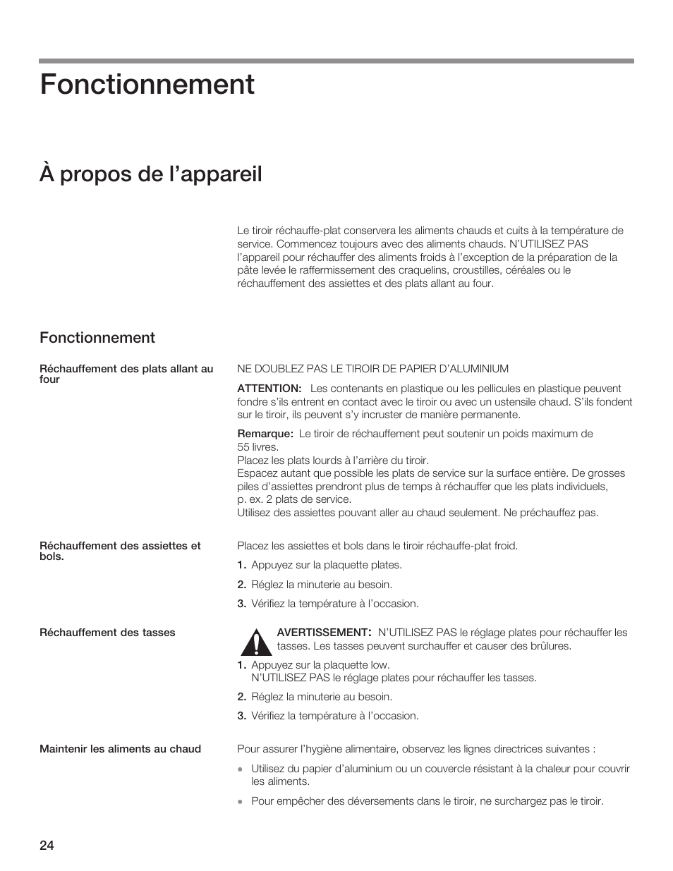 Fonctionnement, À propos de l'appareil | Siemens 30inc Warming Drawer User Manual | Page 24 / 48