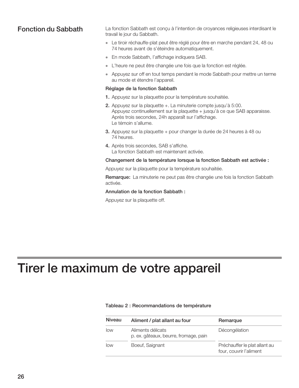 Tirer le maximum de votre appareil, Fonction du sabbath | Siemens 30inc Warming Drawer User Manual | Page 26 / 48