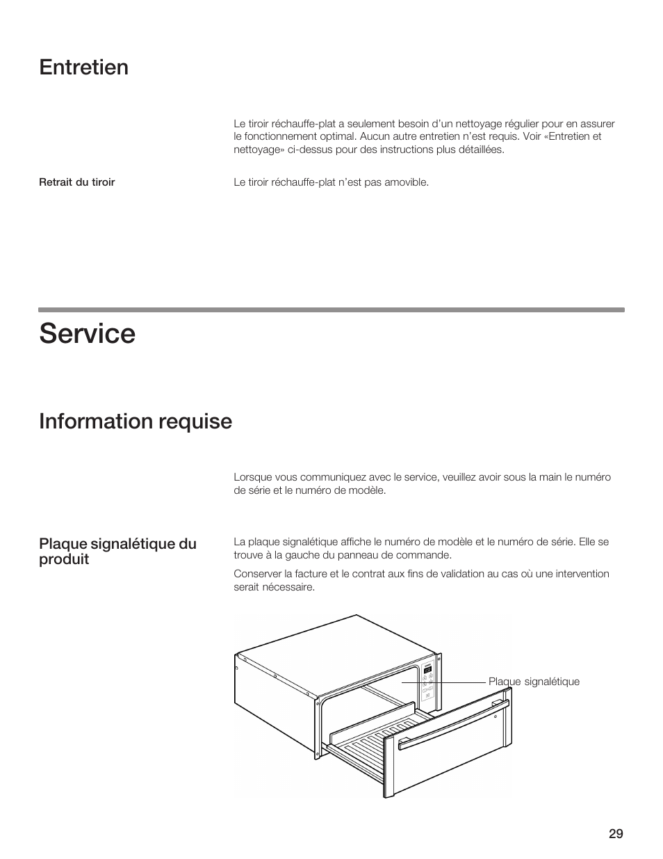 Service, Entretien, Information requise | Siemens 30inc Warming Drawer User Manual | Page 29 / 48