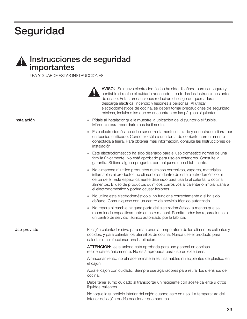 Seguridad, Instrucciones de seguridad importantes | Siemens 30inc Warming Drawer User Manual | Page 33 / 48