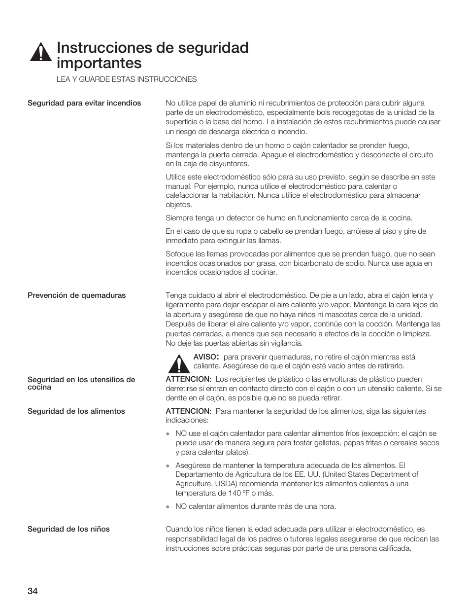 Instrucciones de seguridad importantes | Siemens 30inc Warming Drawer User Manual | Page 34 / 48