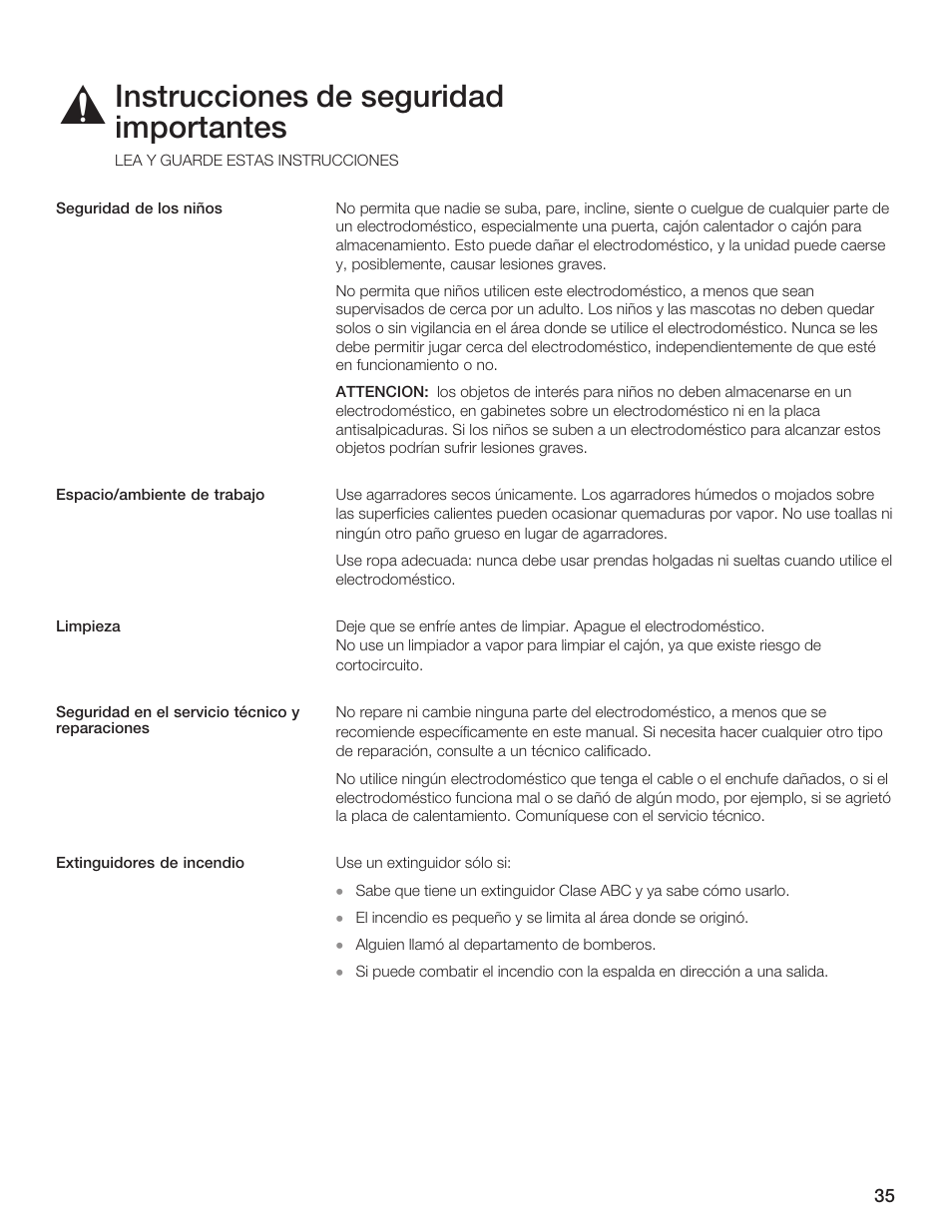 Instrucciones de seguridad importantes | Siemens 30inc Warming Drawer User Manual | Page 35 / 48