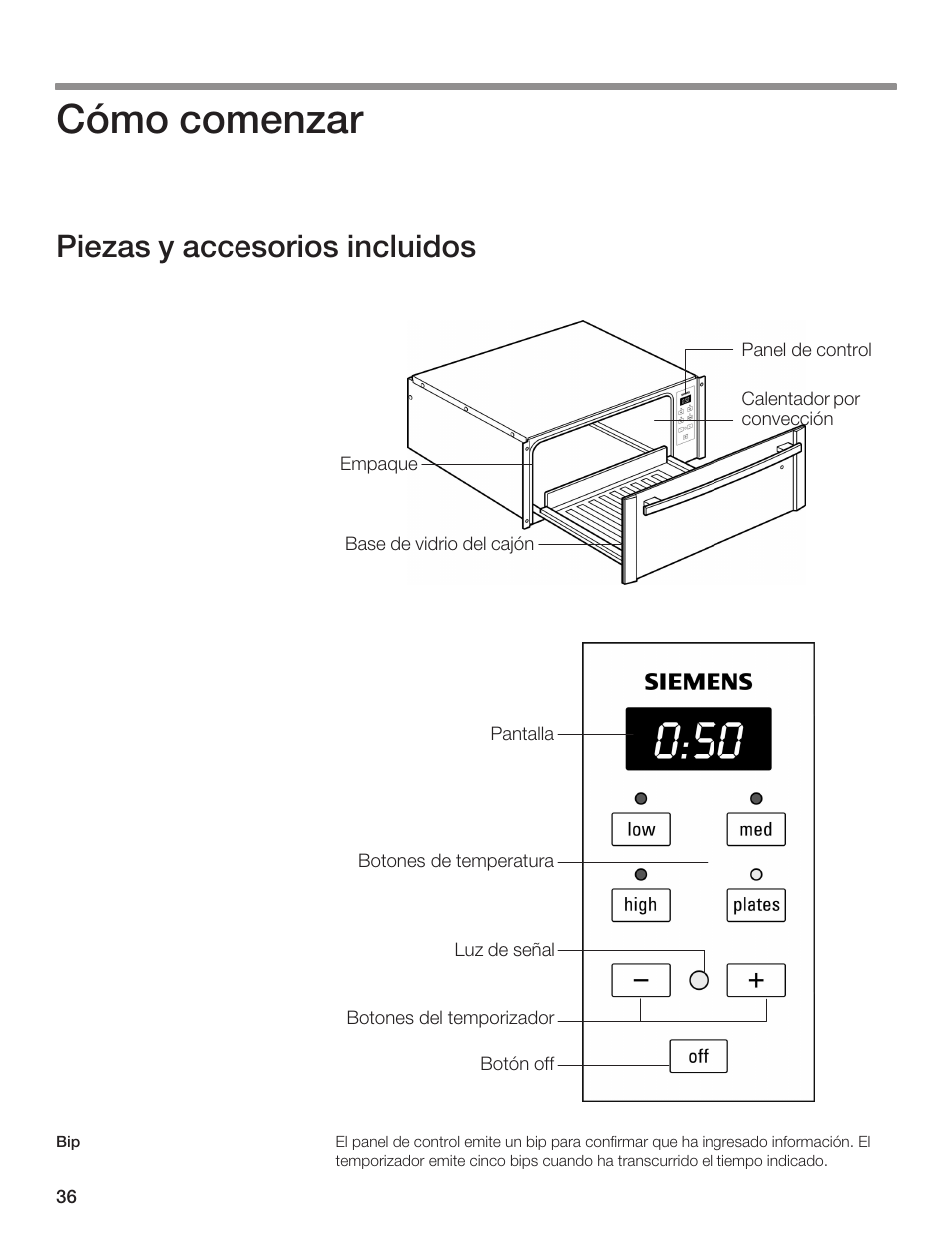 Cómo comenzar, Piezas y accesorios incluidos | Siemens 30inc Warming Drawer User Manual | Page 36 / 48