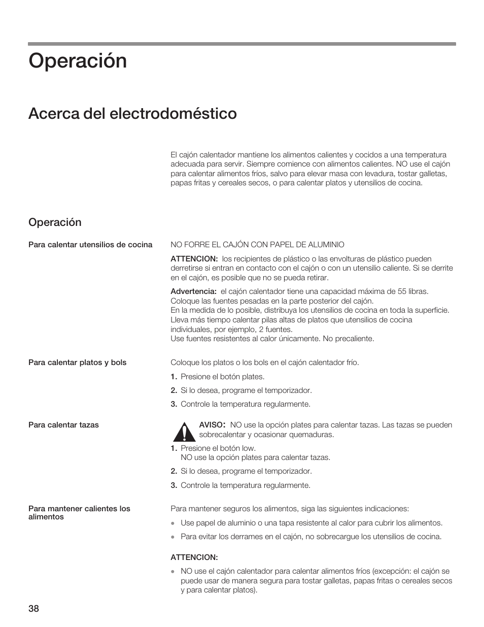 Operación, Acerca del electrodoméstico | Siemens 30inc Warming Drawer User Manual | Page 38 / 48