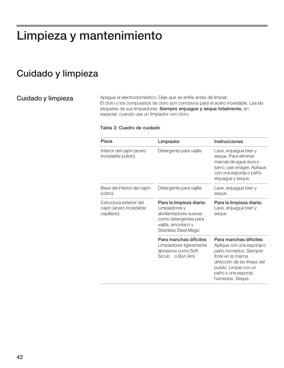 Limpieza y mantenimiento, Cuidado y limpieza | Siemens 30inc Warming Drawer User Manual | Page 42 / 48