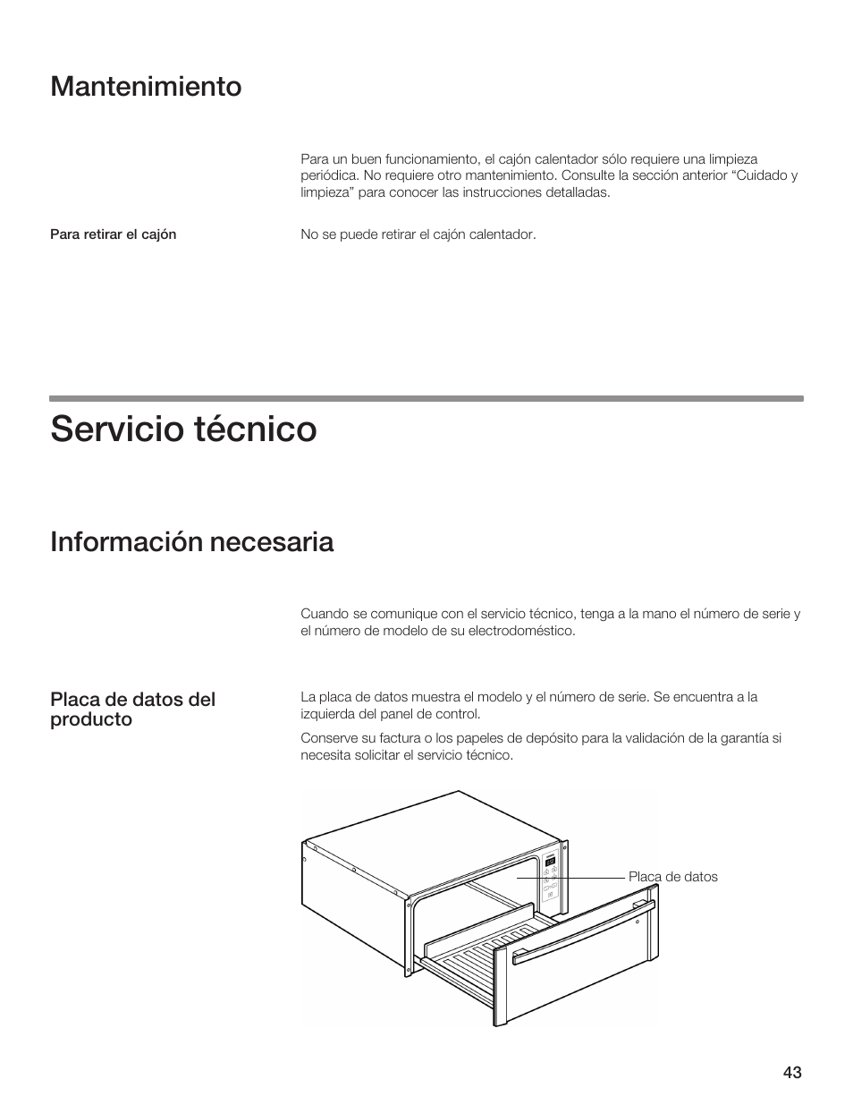 Servicio técnico, Mantenimiento, Información necesaria | Siemens 30inc Warming Drawer User Manual | Page 43 / 48