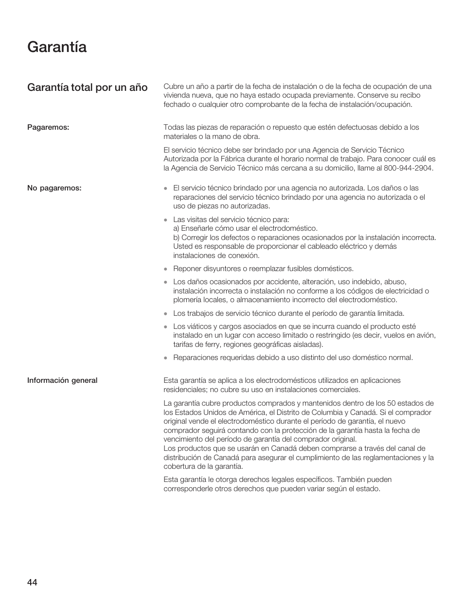 Garantía, Garantía total por un año | Siemens 30inc Warming Drawer User Manual | Page 44 / 48