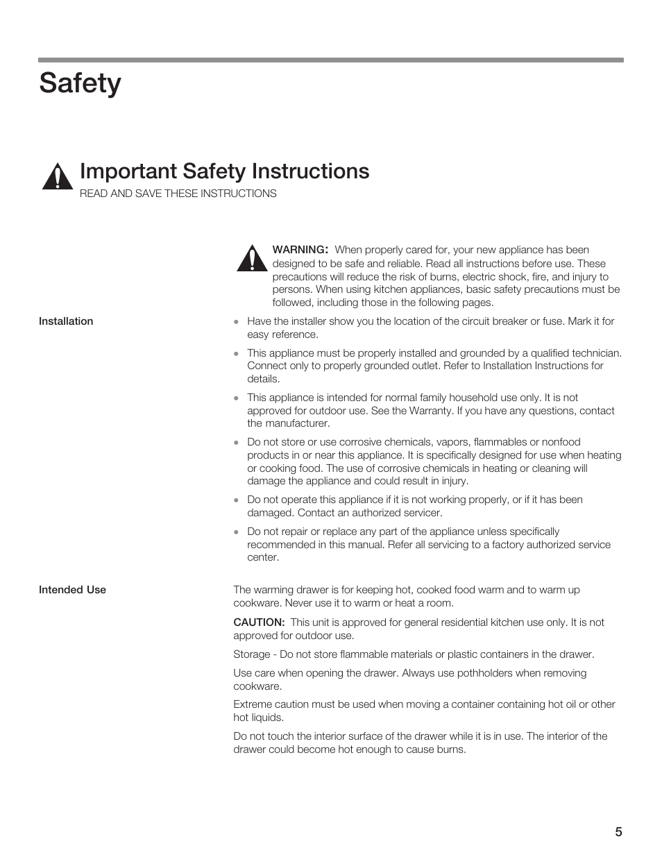 Safety, Important safety instructions | Siemens 30inc Warming Drawer User Manual | Page 5 / 48