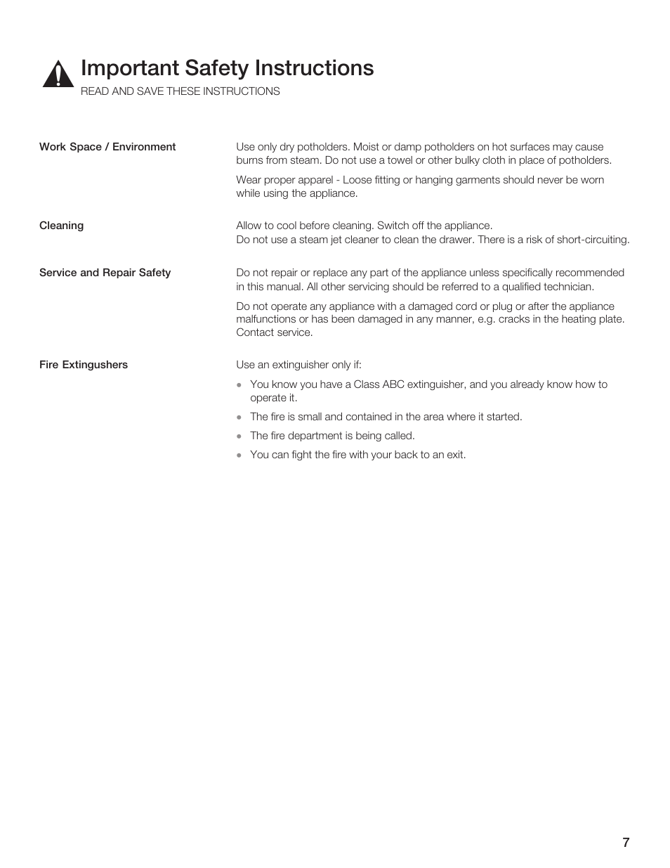 Important safety instructions | Siemens 30inc Warming Drawer User Manual | Page 7 / 48