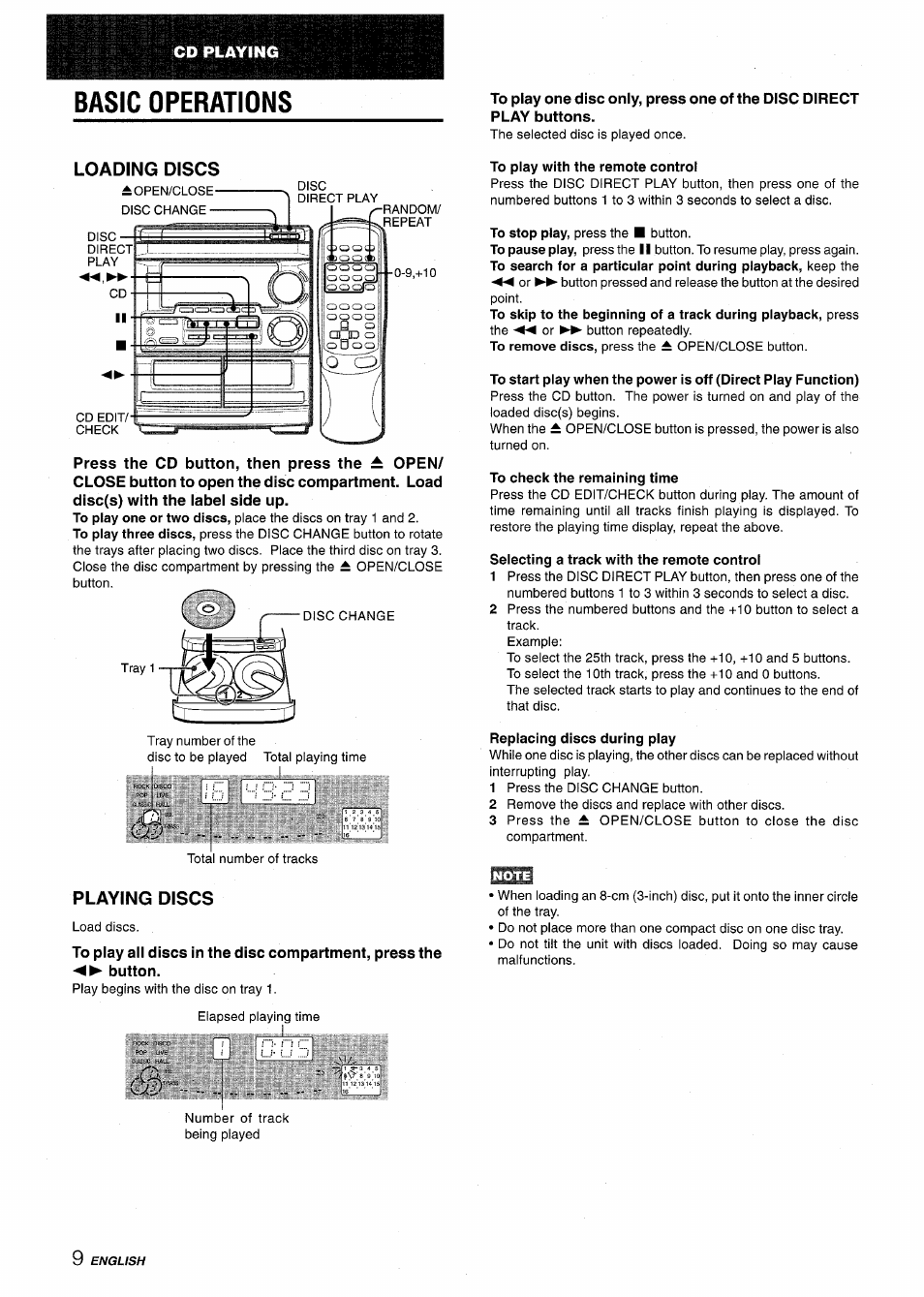 Basic operations, Loading discs, To play with the remote control | To check the remaining time, Selecting a track with the remote control, Replacing discs during play, Playing discs | Aiwa CX-NMT50 User Manual | Page 10 / 80