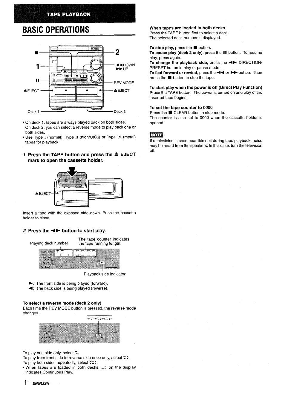 Basic operations, When tapes are loaded in both decks, To set the tape counter to 0000 | 2 press the button to start play, To select a reverse mode (deck 2 only) | Aiwa CX-NMT50 User Manual | Page 12 / 80
