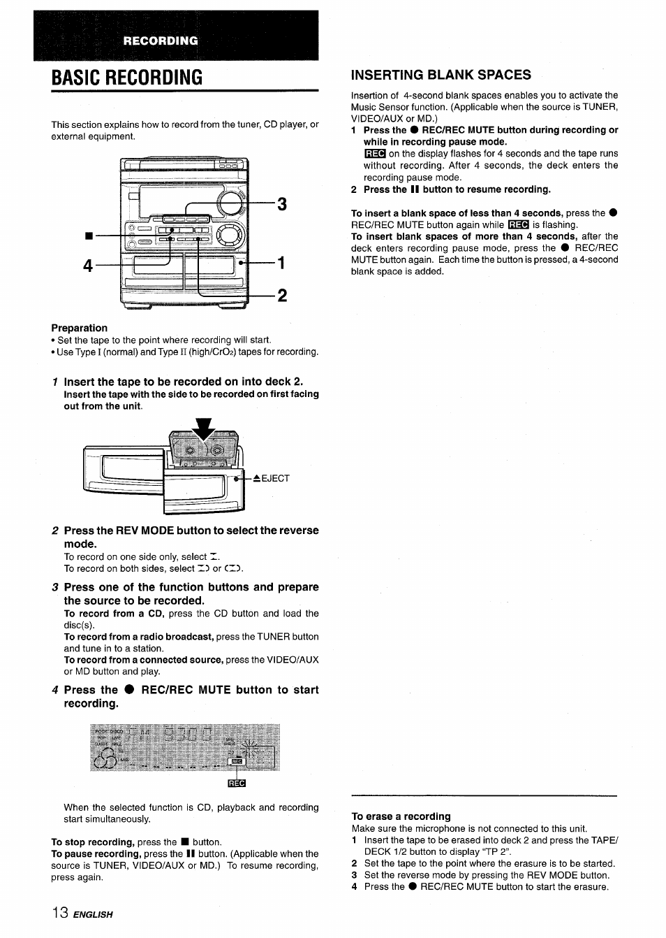 Basic recording, Inserting blank spaces, 2 press the ii button to resume recording | Preparation, La&i, To erase a recording | Aiwa CX-NMT50 User Manual | Page 14 / 80