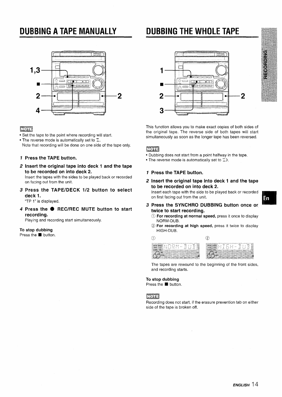 Dubbing a tape manually, Dubbing the whole tape, To stop dubbing | Dubbing a tape manually dubbing the whole tape, Ir o | Aiwa CX-NMT50 User Manual | Page 15 / 80