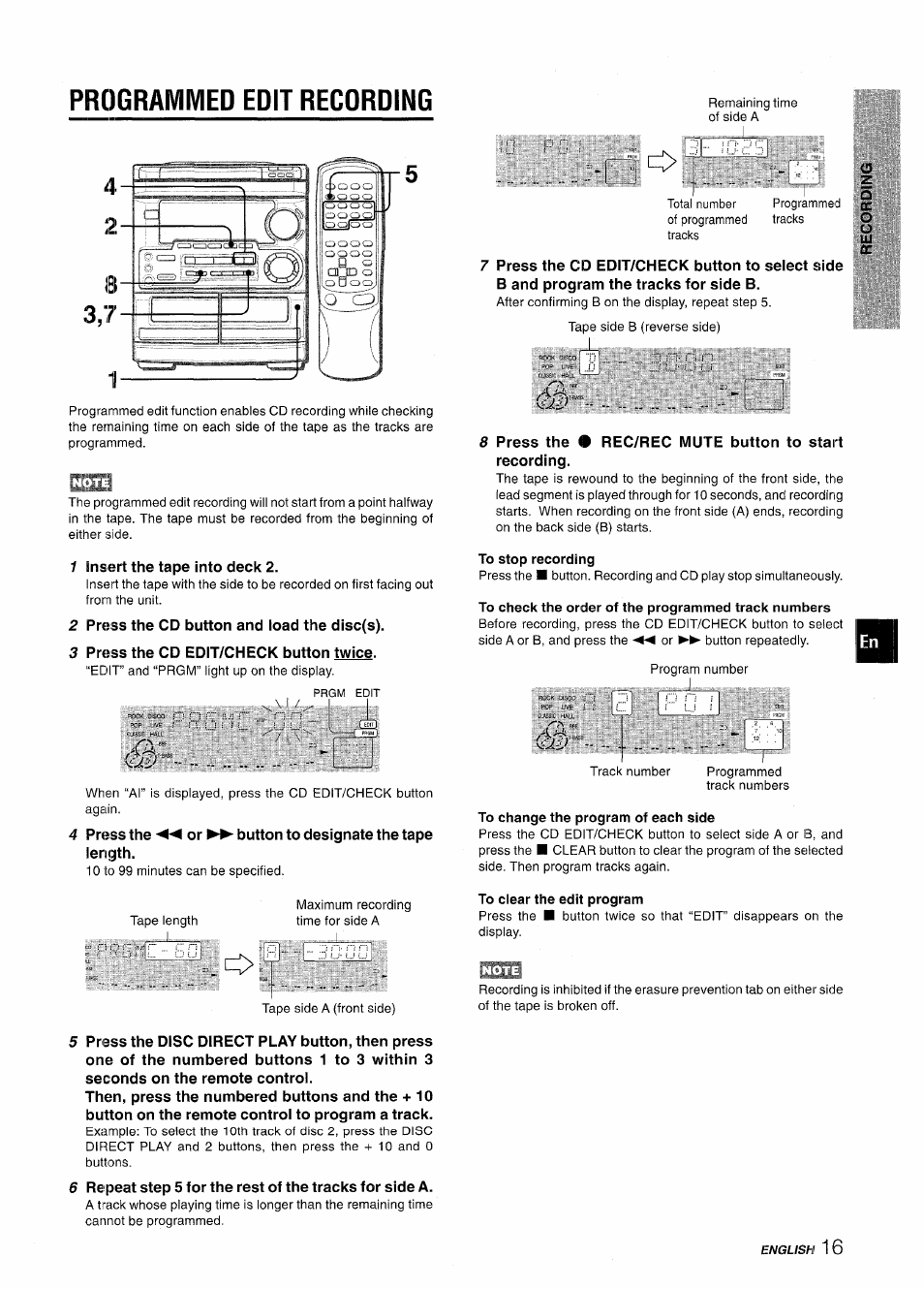 Prograiviivied edit recording, To stop recording, To check the order of the programmed track numbers | To change the program of each side, To clear the edit program, Programmed edit recording | Aiwa CX-NMT50 User Manual | Page 17 / 80