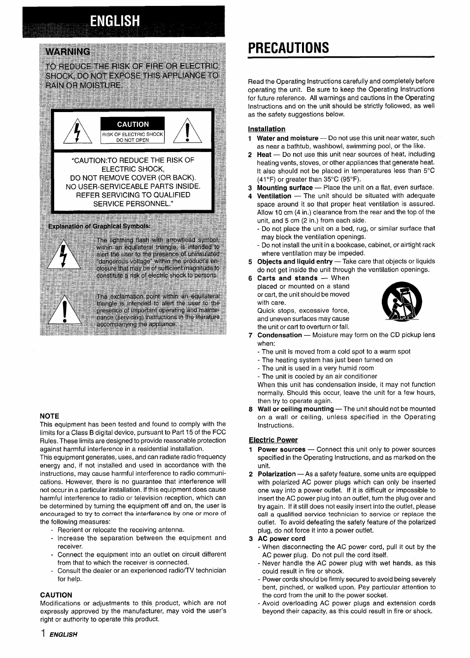 English, Precautions, Installation | Electric power, 3 ac power cord, Warning | Aiwa CX-NMT50 User Manual | Page 2 / 80