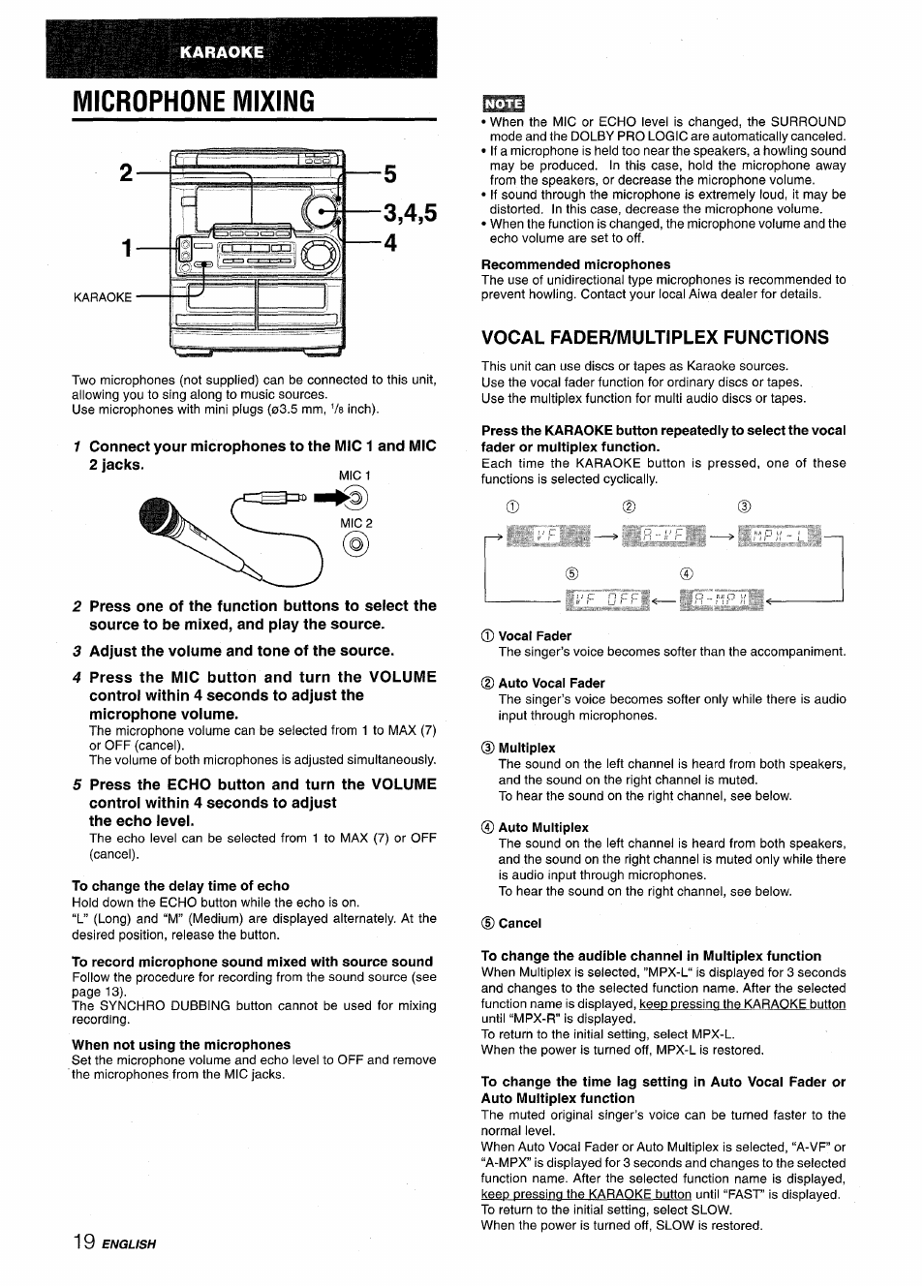 Microphone mixing, To change the delay time of echo, To record microphone sound mixed with source sound | When not using the microphones, Recommended microphones, Vocal fader/multiplex functions, Vocal fader, Multiplex, Auto multiplex, D) cancel | Aiwa CX-NMT50 User Manual | Page 20 / 80