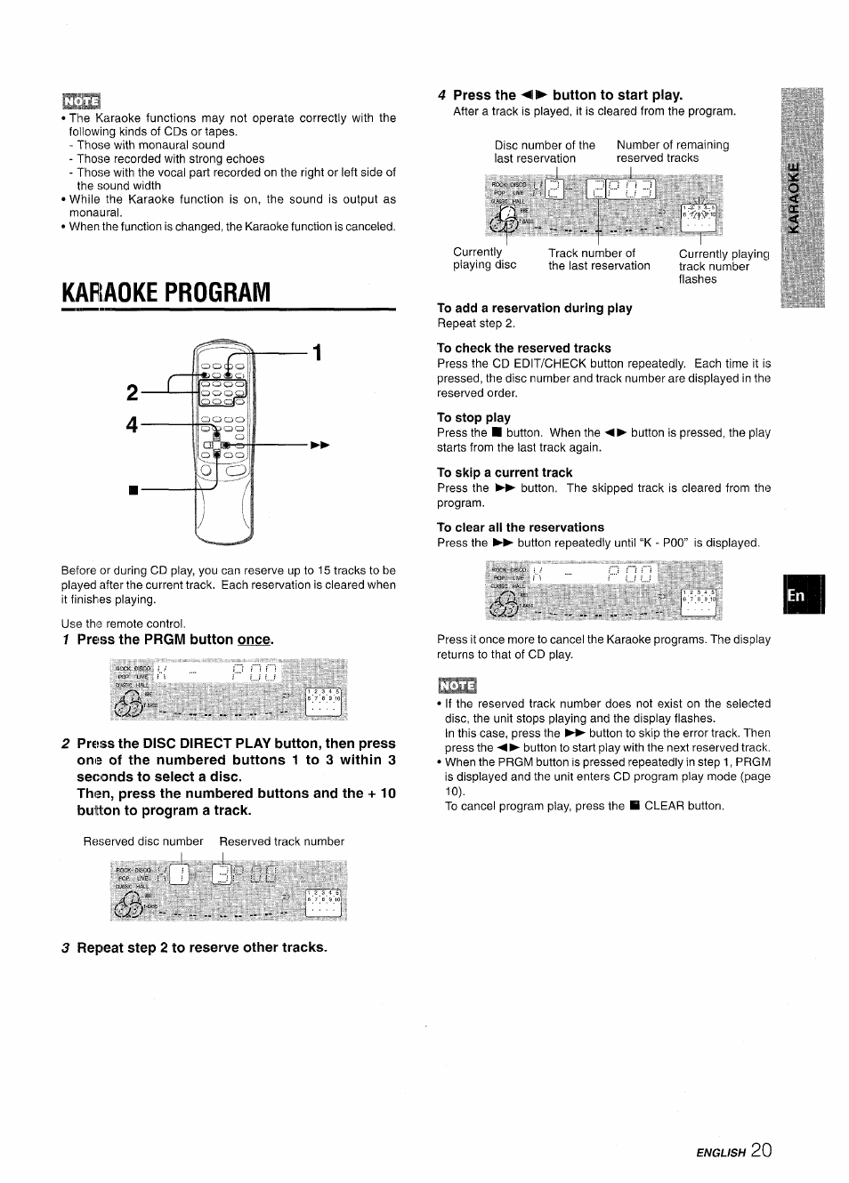 Karaoke program, 4 press the button to start play, To add a reservation during play | To check the reserved tracks, To stop play, To skip a current track, To clear all the reservations, 1 press the prgm button once, 3 repeat step 2 to reserve other tracks | Aiwa CX-NMT50 User Manual | Page 21 / 80