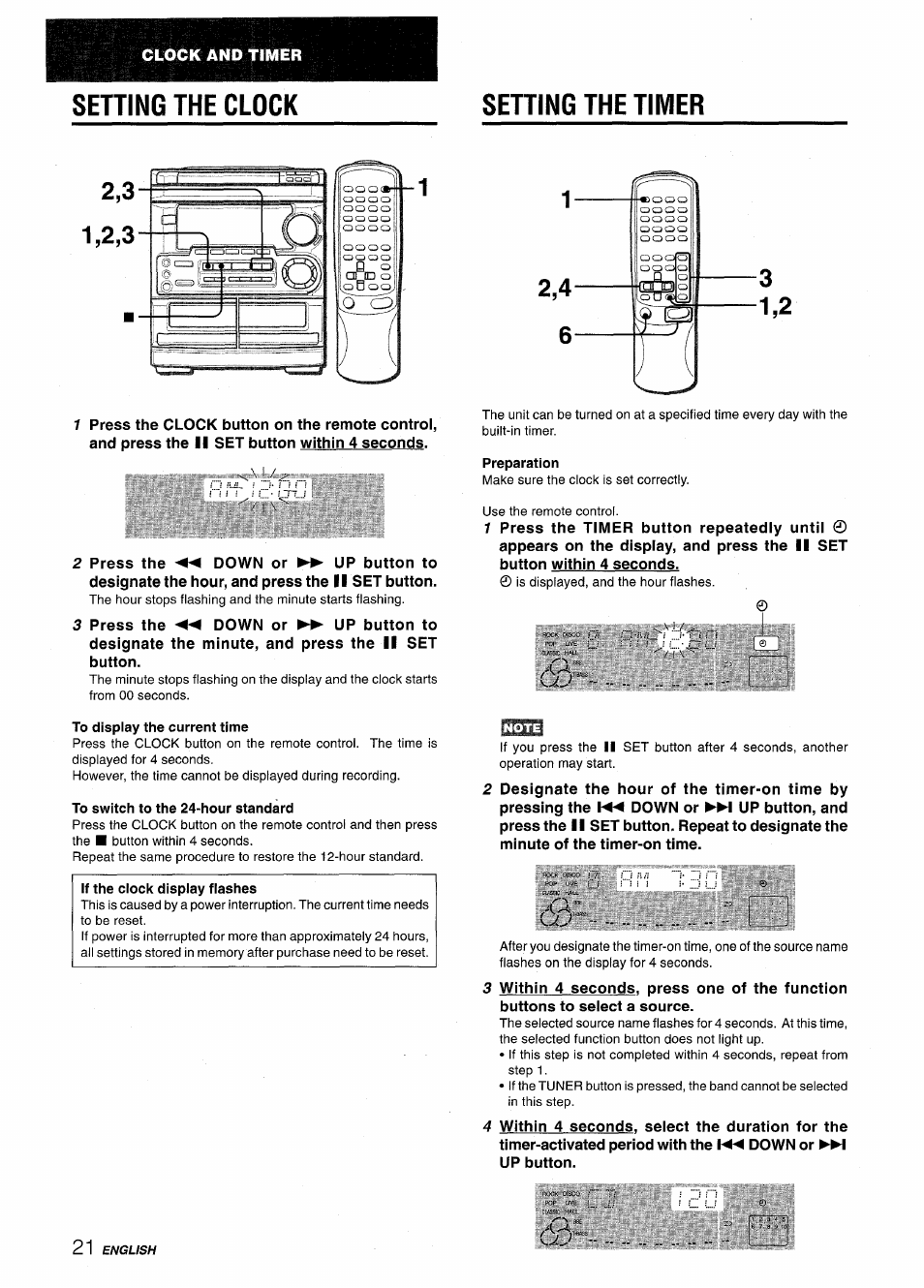 Sening the clock, Sehing the timer, Preparation | To display the current time, To switch to the 24-hour standard, Setting the clock setting the timer, Sening the clock sehing the timer | Aiwa CX-NMT50 User Manual | Page 22 / 80