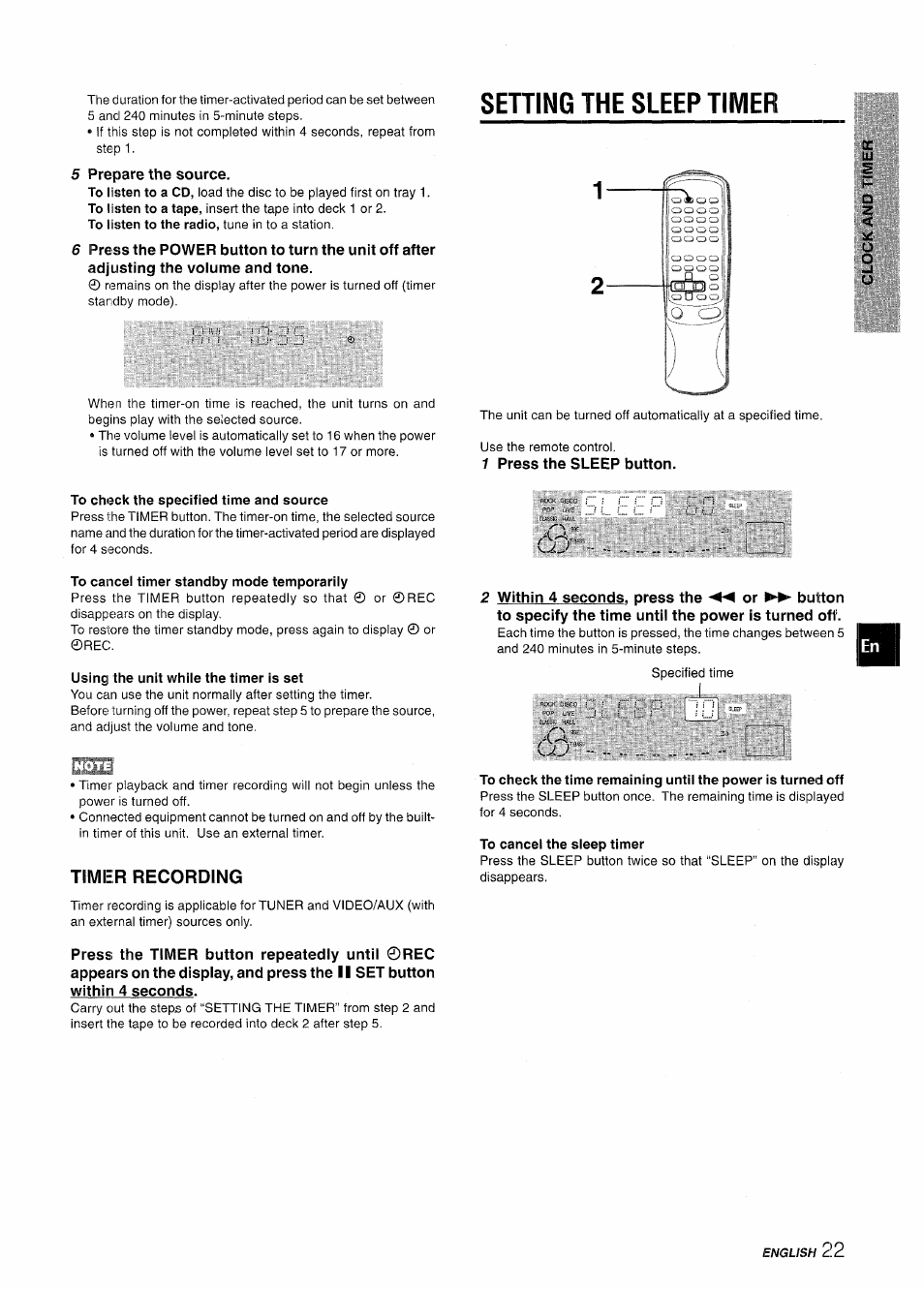 5 prepare the source, Sehing the sleep timer, 1 press the sleep button | To check the specified time and source, To cancel timer standby mode temporarily, Using the unit while the timer is set, Timer recording, To cancel the sleep timer, Setting the sleep timer | Aiwa CX-NMT50 User Manual | Page 23 / 80