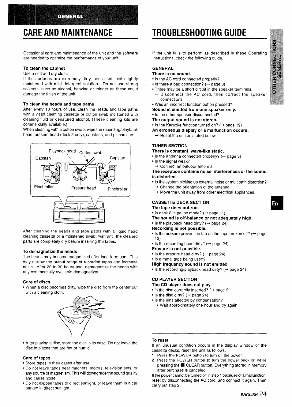 Care and maintenance, To clean the cabinet, To clean the heads and tape paths | Troubleshooting guide, General there is no sound, To demagnetize the heads, Care of discs, Care of tapes, Tuner section, Cassette deck section the tape does not run | Aiwa CX-NMT50 User Manual | Page 25 / 80