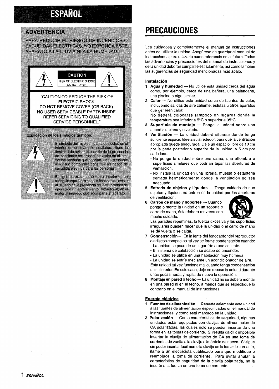 Español, Advertencia, Precauciones | Caution | Aiwa CX-NMT50 User Manual | Page 28 / 80