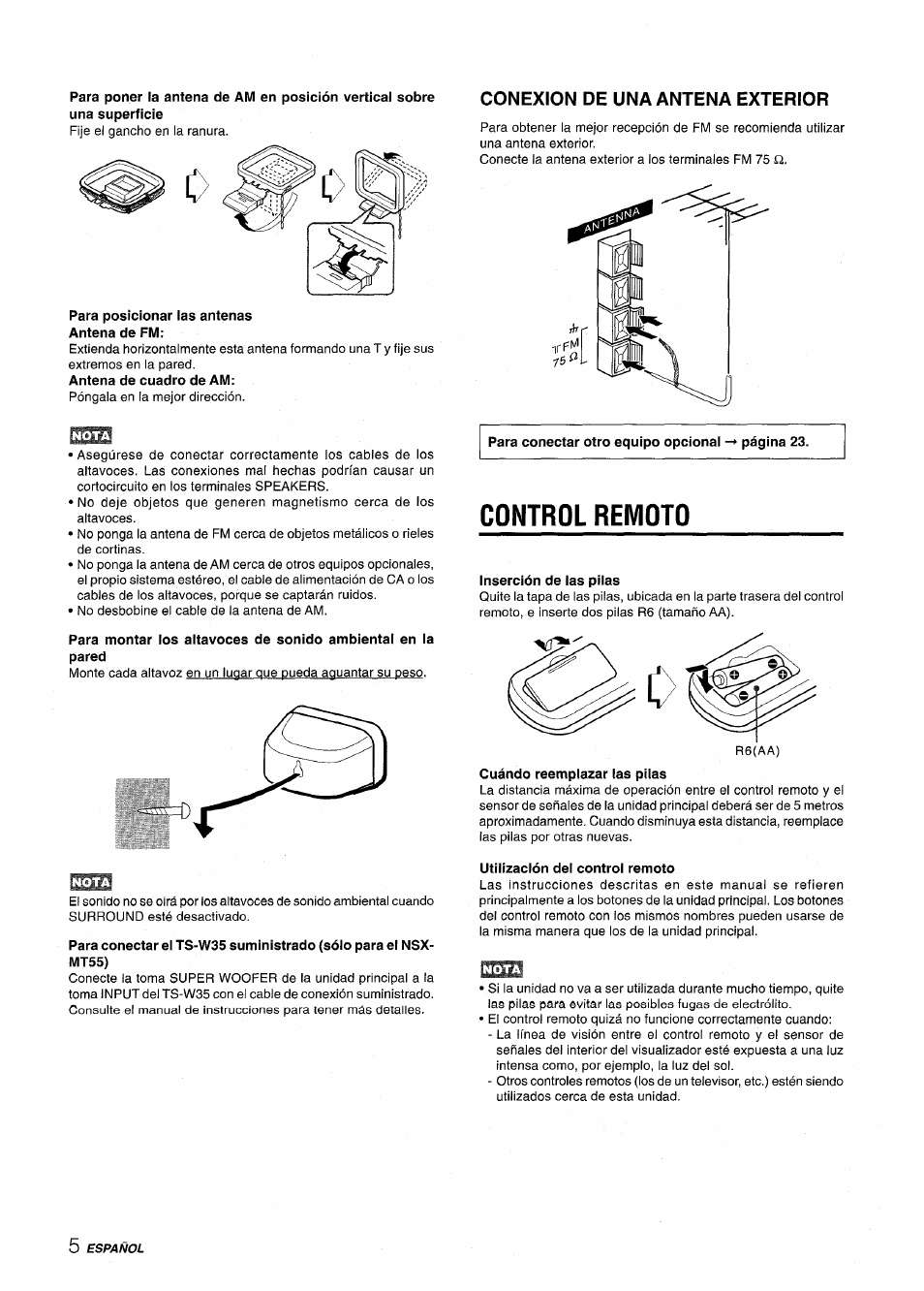 Antena de fm, Antena de cuadro de am, Conexion de una antena exterior | Pared, Control remoto, Inserción de ias pilas, Cuándo reemplazar las pilas, Utilización del control remoto | Aiwa CX-NMT50 User Manual | Page 32 / 80