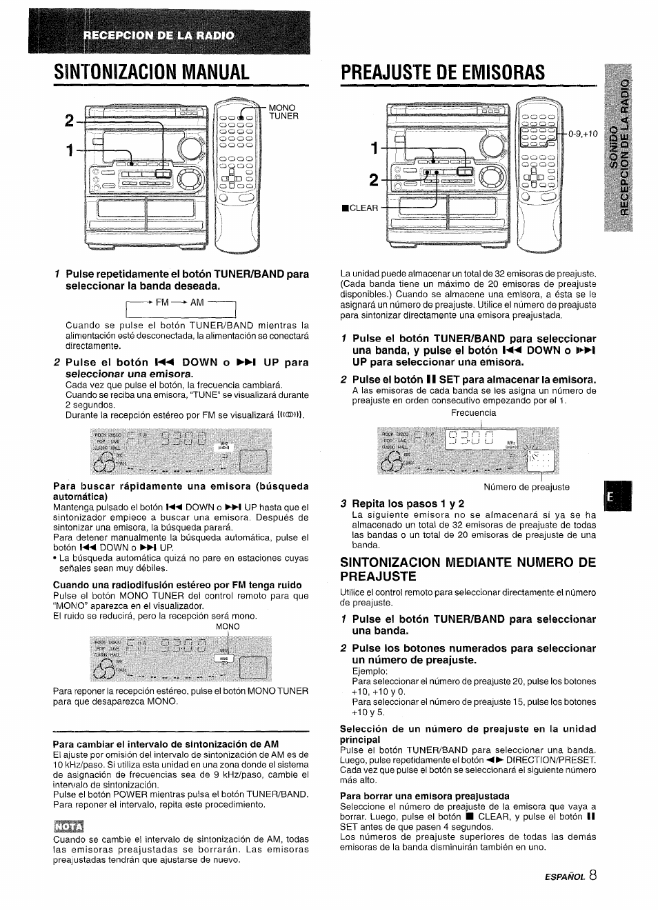 Sintonizacion manual, Preajuste de emisoras, Para cambiar ei intervaio de sintonización de am | Sintonizacion mediante numero de preajuste | Aiwa CX-NMT50 User Manual | Page 35 / 80