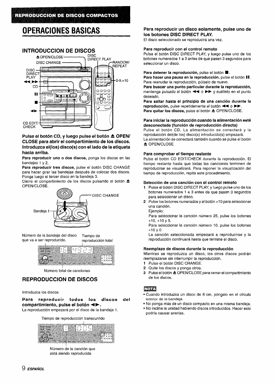 Operaciones basicas, Introduccion de discos, Reproduccion de discos | Para reproducir con el control remoto, Para comprobar el tiempo restante, Selección de una canción con el control remoto, Reemplazo de discos durante ia reproducción | Aiwa CX-NMT50 User Manual | Page 36 / 80