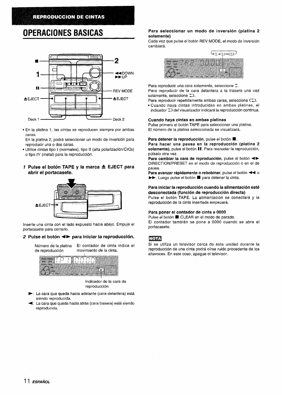 2 pulse el botón para iniciar ia reproducción, Cuando haya cintas en ambas platinas, Para poner el contador de cinta a 0000 | Operaciones basicas | Aiwa CX-NMT50 User Manual | Page 38 / 80