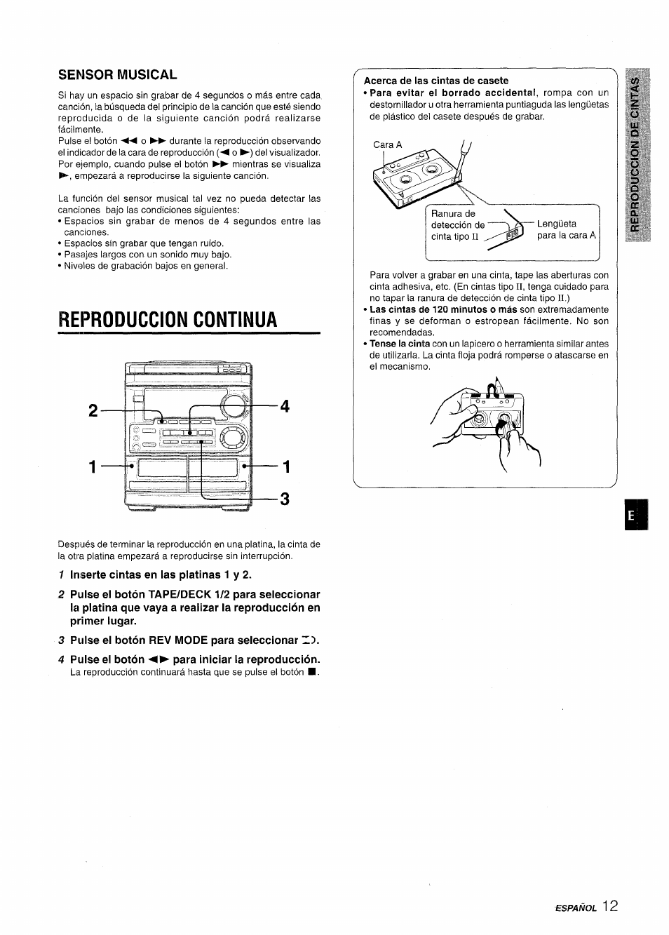 Sensor musical, Reproduccion continua, 1 iriiserte cintas en las platinas 1 y 2 | 3 pulse el botón rev mode para seleccionar z), 4 pulse el botón para iniciar la reproducción, Reproduccion continua 1 | Aiwa CX-NMT50 User Manual | Page 39 / 80
