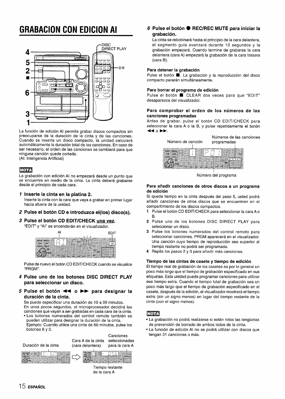 Grabacion con edicion al, 1 inserte la cinta en la platina 2, 2 pulse el botón cd e introduzca el(los) disco(s) | 3 pulse el botón cd edit/check una vez, Para detener la grabación, Para borrar el programa de edición, Tiempo de las cintas de casete y tiempo de edición | Aiwa CX-NMT50 User Manual | Page 42 / 80