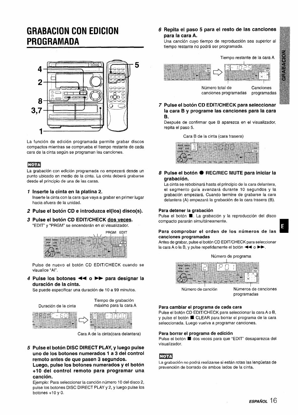 Grabacion con edicion programada, Para detener la grabación, Para cambiar ei programa de cada cara | Para borrar el programa de edición | Aiwa CX-NMT50 User Manual | Page 43 / 80