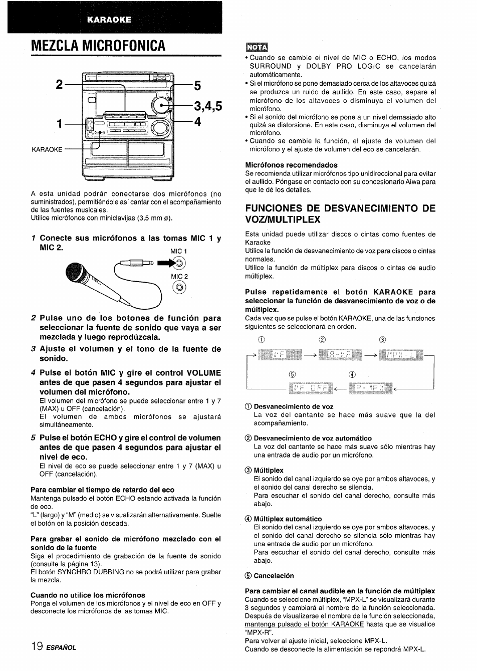 Mezcla microfonica, Para cambiar el tiempo de retardo del eco, Cuando no utilice ios micrófonos | Micrófonos recomendados, Funciones de desvanecimiento de voz/multiplex, Desvanecimiento de voz, Desvanecimiento de voz automático, D múltiplex, 0 múltiplex automático, Cancelación | Aiwa CX-NMT50 User Manual | Page 46 / 80