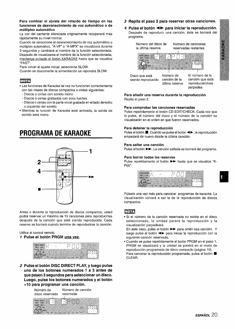 Para añadir una reserva durante la reproducción, Para comprobar las canciones reservadas, Programa de karaoke | Para detener la reproducción, Para saltar una canción | Aiwa CX-NMT50 User Manual | Page 47 / 80