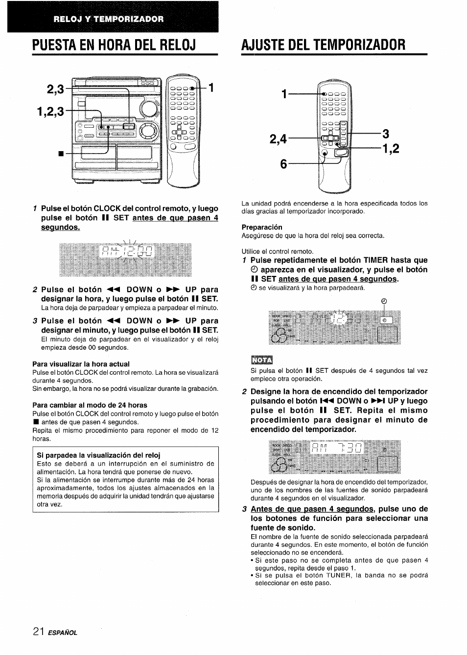 Puesta en hora del reloj, Ajuste del temporizador, Para visualizar la hora actual | Para cambiar al modo de 24 horas, Si parpadea la visualización del reloj, Preparación, Puesta en hora del reloj ajuste del temporizador, Reloj y temporizador | Aiwa CX-NMT50 User Manual | Page 48 / 80