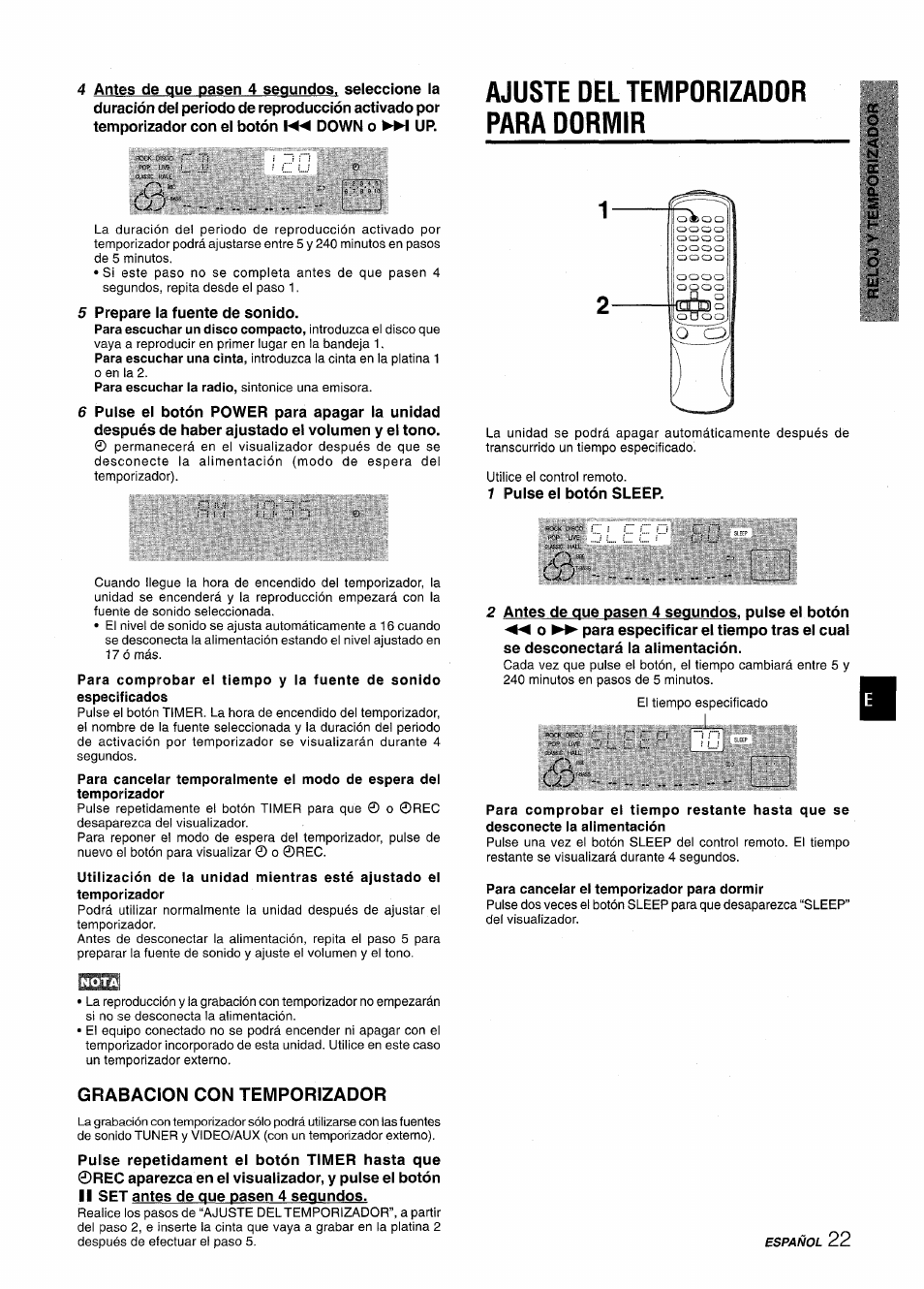 Ajuste del temporizador para dormir, Para canceiar el temporizador para dormir, Grabacion con temporizador | L..'- ..j | Aiwa CX-NMT50 User Manual | Page 49 / 80