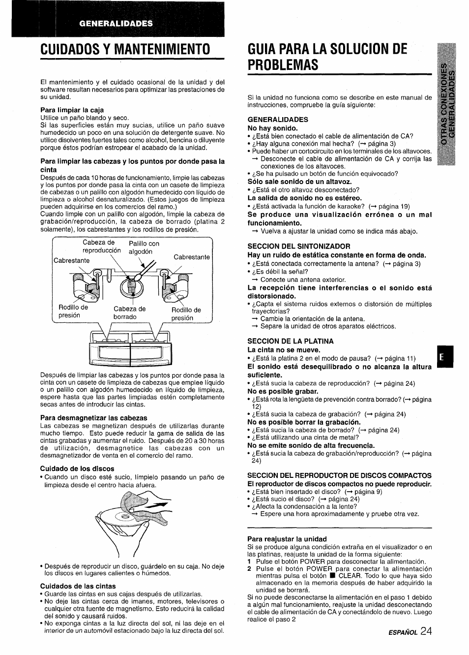 Cuidados y mantenimiento, Para desmagnetizar las cabezas, Cuidado de los discos | Cuidados de las cintas, Guia para la solucion de problemas, Generalidades no hay sonido, Seccion del sintonizador, Seccion de la platina la cinta no se mueve, Para reajustar la unidad, Generalidades | Aiwa CX-NMT50 User Manual | Page 51 / 80